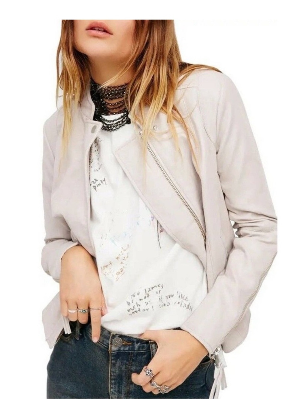 Free People Cool & Clean Fitted Faux Leather Moto Jacket Pearl Women’s 6